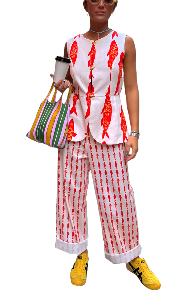 Outfit Conjunto de 2 piezas de camiseta sin mangas con estampado de pez rojo y cuello redondo con pantalón largo recto de pierna ancha
