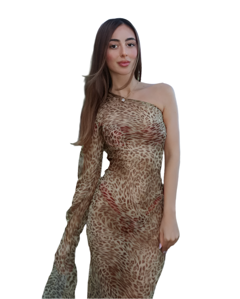 Vestido Largo de Un Solo Hombro con Estampado de Leopardo y Espalda Descubierta