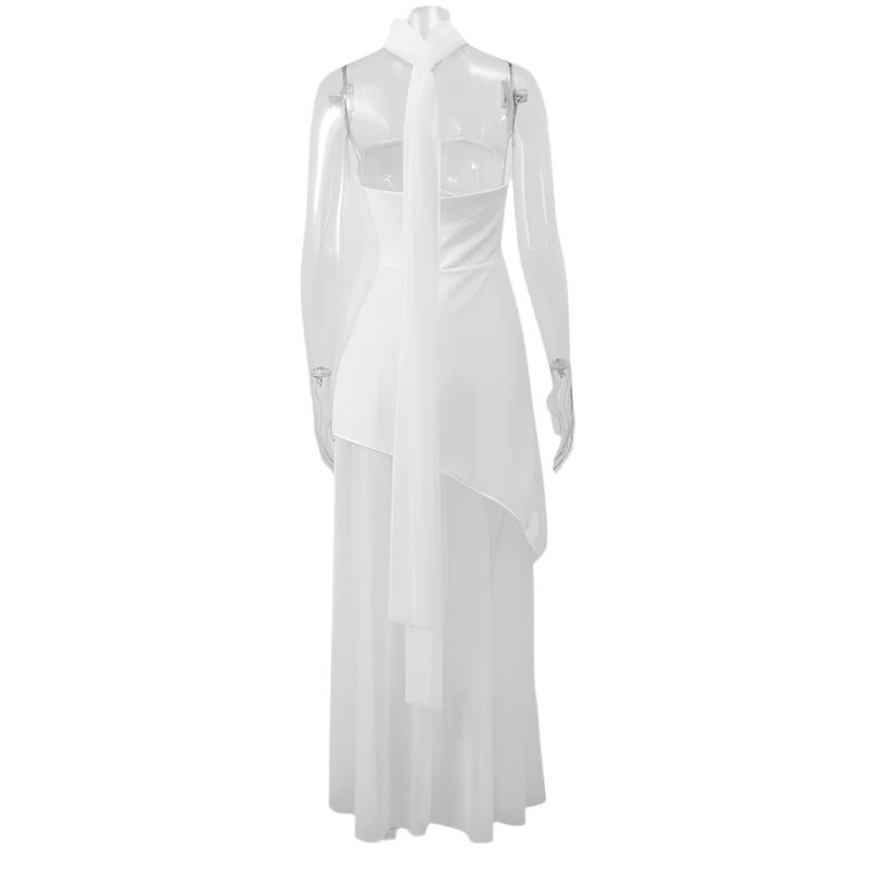 Vestido Largo Elegante para Mujer sin Tirantes de Malla con Lazo y Diseño Patchwork