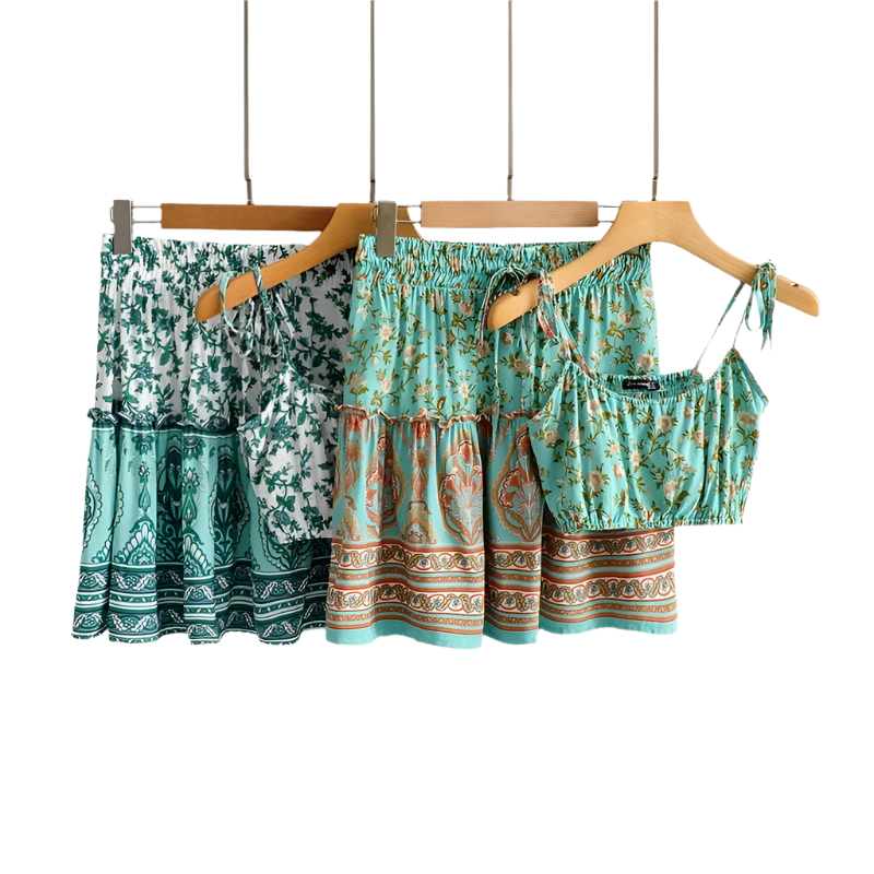 Outfit Conjunto Boho Chic de Top Verde sin Mangas con Estampado Floral y Falda Mini con Cintura Alta Elástica