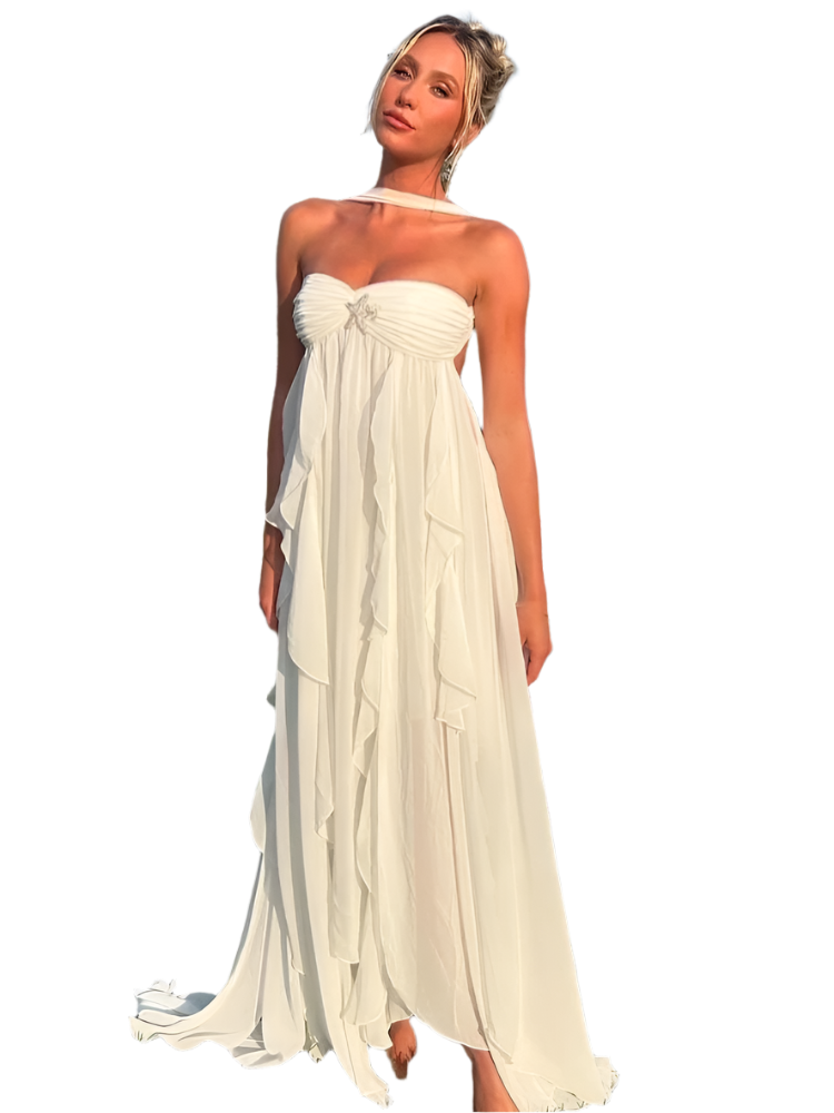 Vestido Blanco Asimétrico de Malla sin Tirantes con Volantes y Flecos