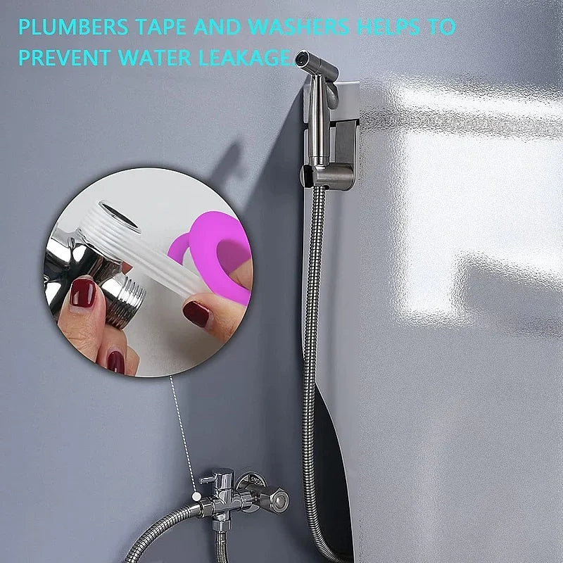 Handheld bidet sprayer made of stainless steel with a 3-way valve (G1/2" – 3/8") for toilet cleaning and personal hygiene.