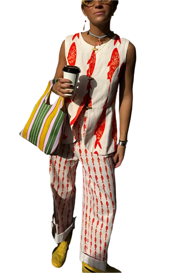 Outfit Conjunto de 2 piezas de camiseta sin mangas con estampado de pez rojo y cuello redondo con pantalón largo recto de pierna ancha
