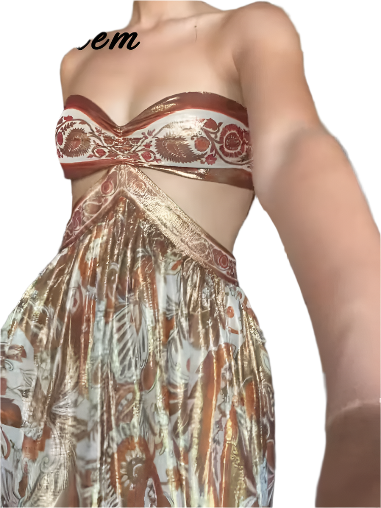 Vestido de Verano Mujer Sin Espalda Off Shoulder con Estampado Coqueto y Corte Tipo Hollow