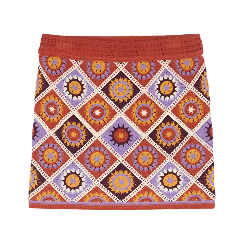 Conjunto bohemio para mujer de 2 piezas con top de tirantes en V y falda mini tejida de colores de talle alto