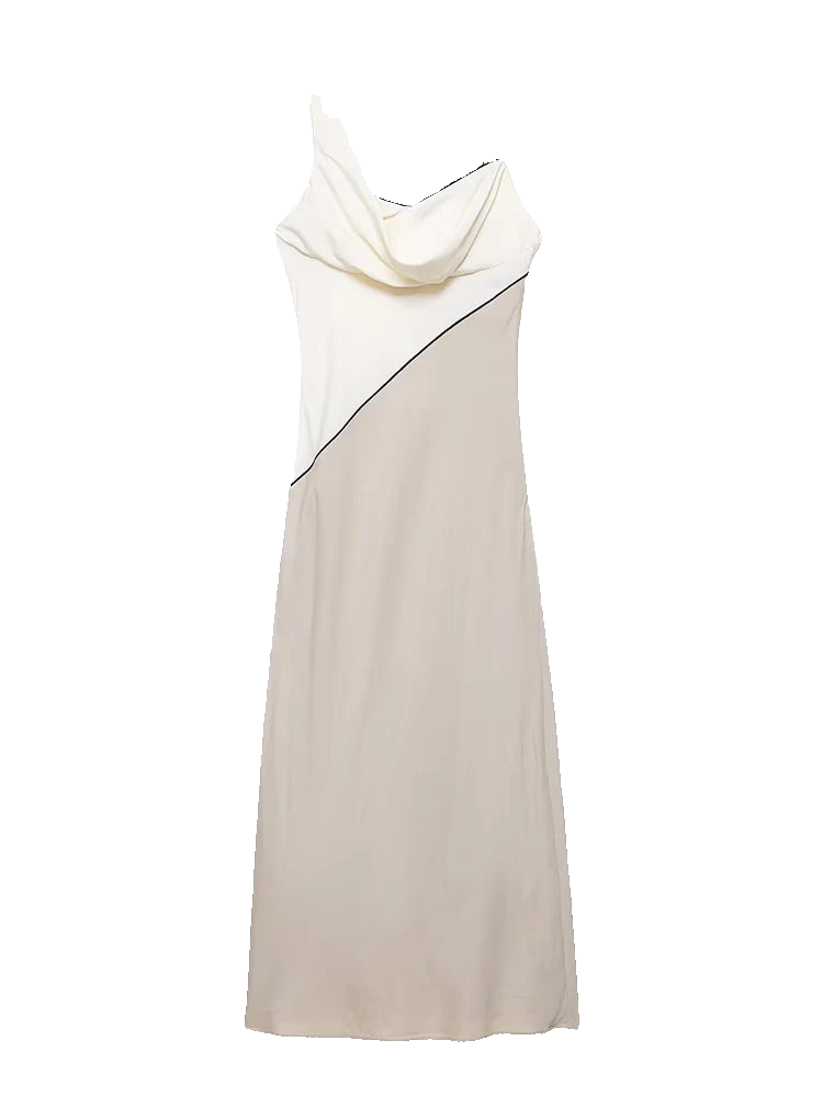 Vestido midi elegante sin mangas con tirantes de cuello drapeado de diseño patchwork