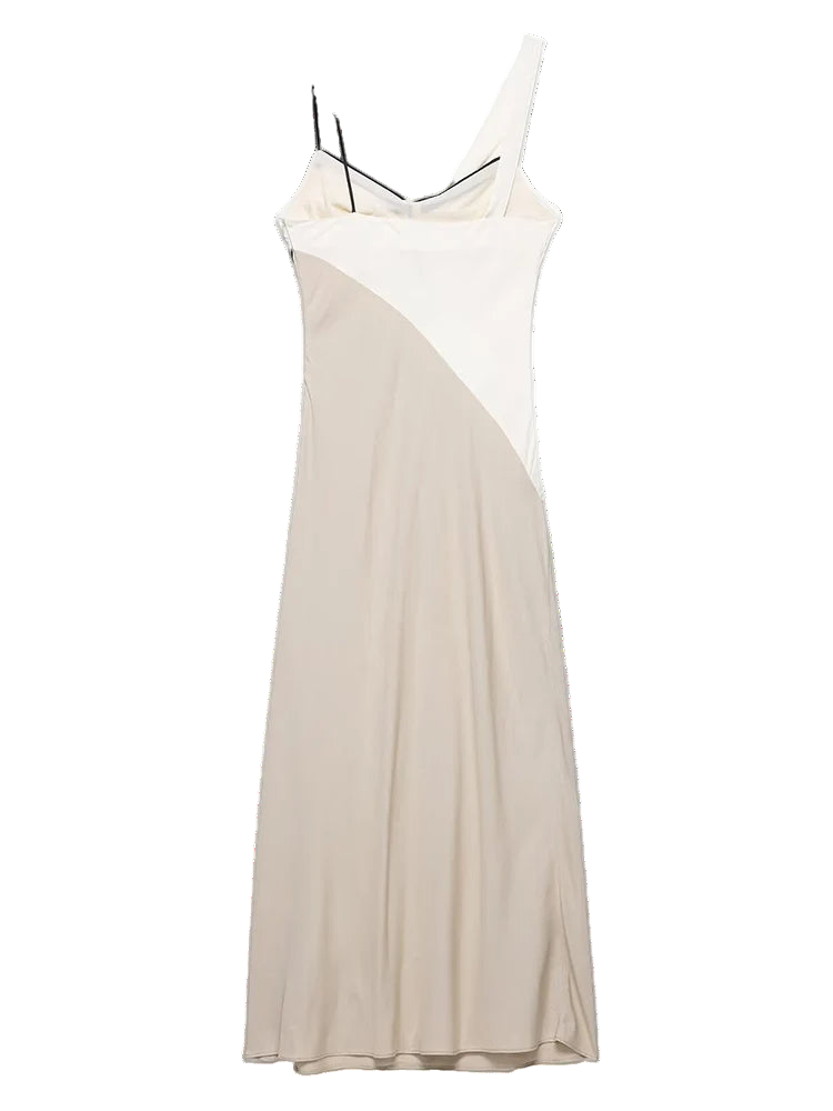 Vestido midi elegante sin mangas con tirantes de cuello drapeado de diseño patchwork