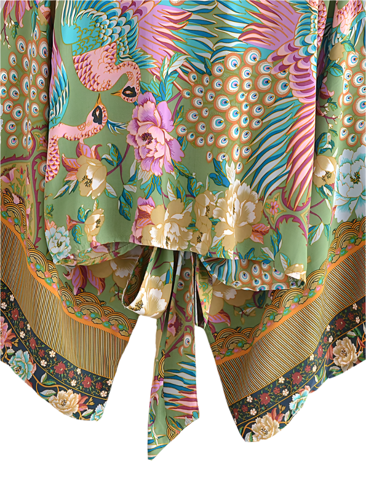 Outfit Conjunto boho chic de 2 piezas con kimono corto estampado floral y pantalón de pierna ancha