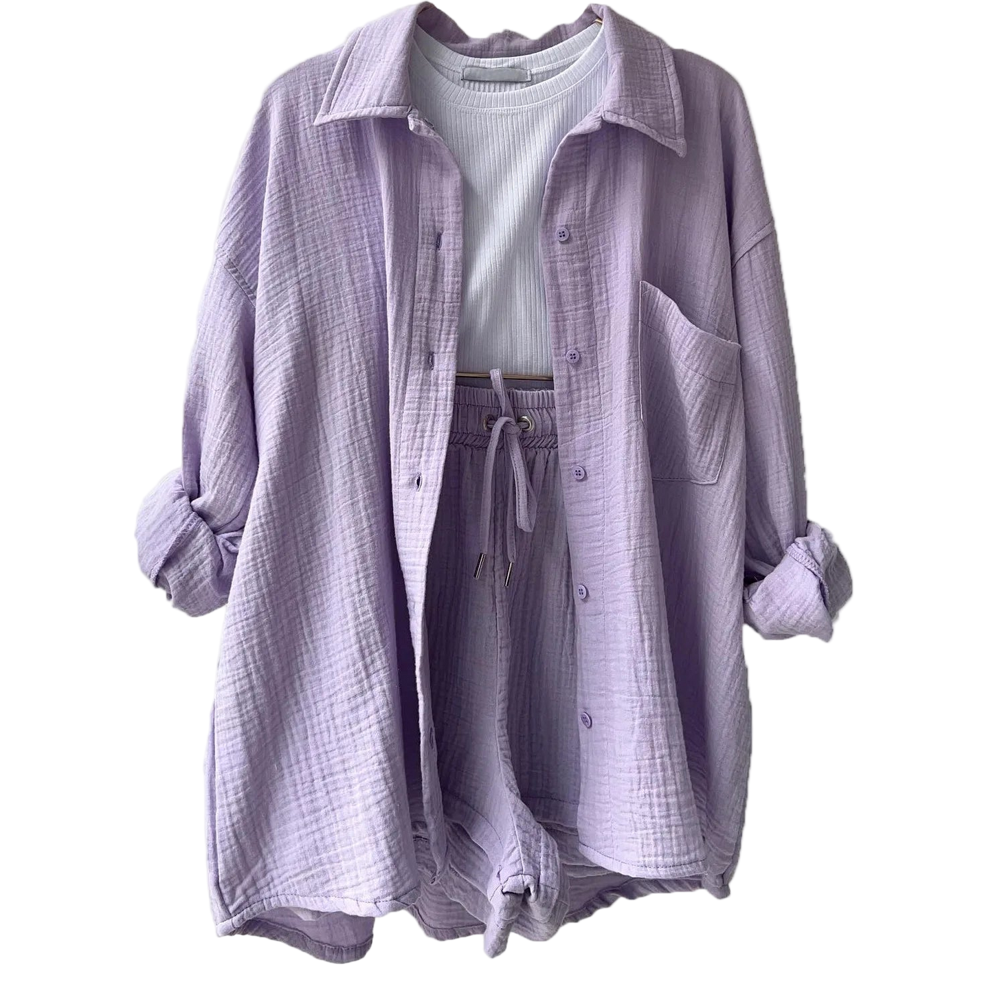 Outfit Conjunto de Camisa manga larga con solapa y short de tiro alto con cordón
