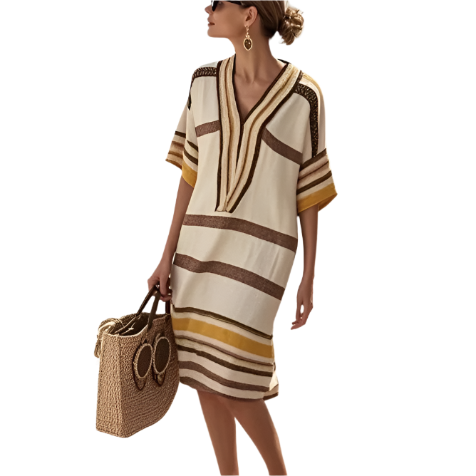 Vestido estampado de rayas con escote en V de Poliéster y Cintura relajada