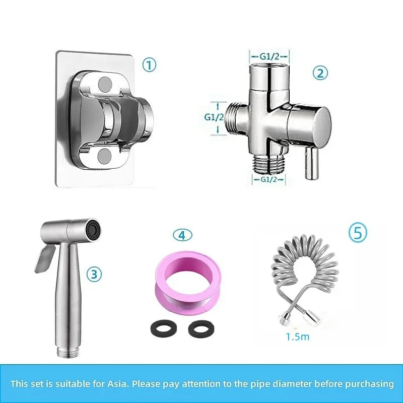 Handheld bidet sprayer made of stainless steel with a 3-way valve (G1/2" – 3/8") for toilet cleaning and personal hygiene.