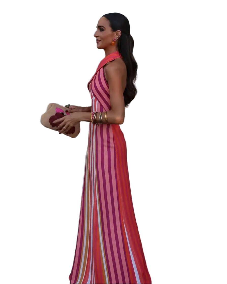 Vestido largo con estampado a rayas de escote halter sin hombros cruzado y ajustado de espalda descubierta