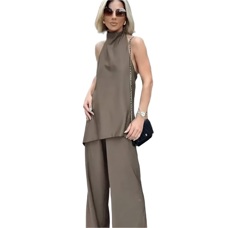 Outfit Set Satinado de Top halter asimétrico y pantalón con cordones de cintura alta