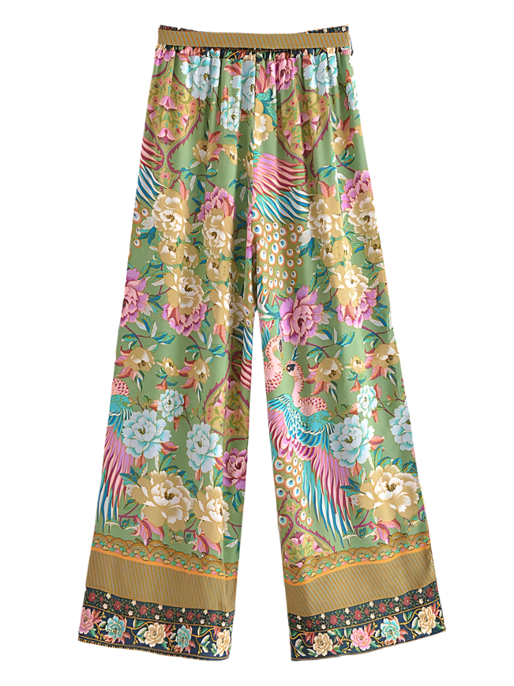 Outfit Conjunto boho chic de 2 piezas con kimono corto estampado floral y pantalón de pierna ancha