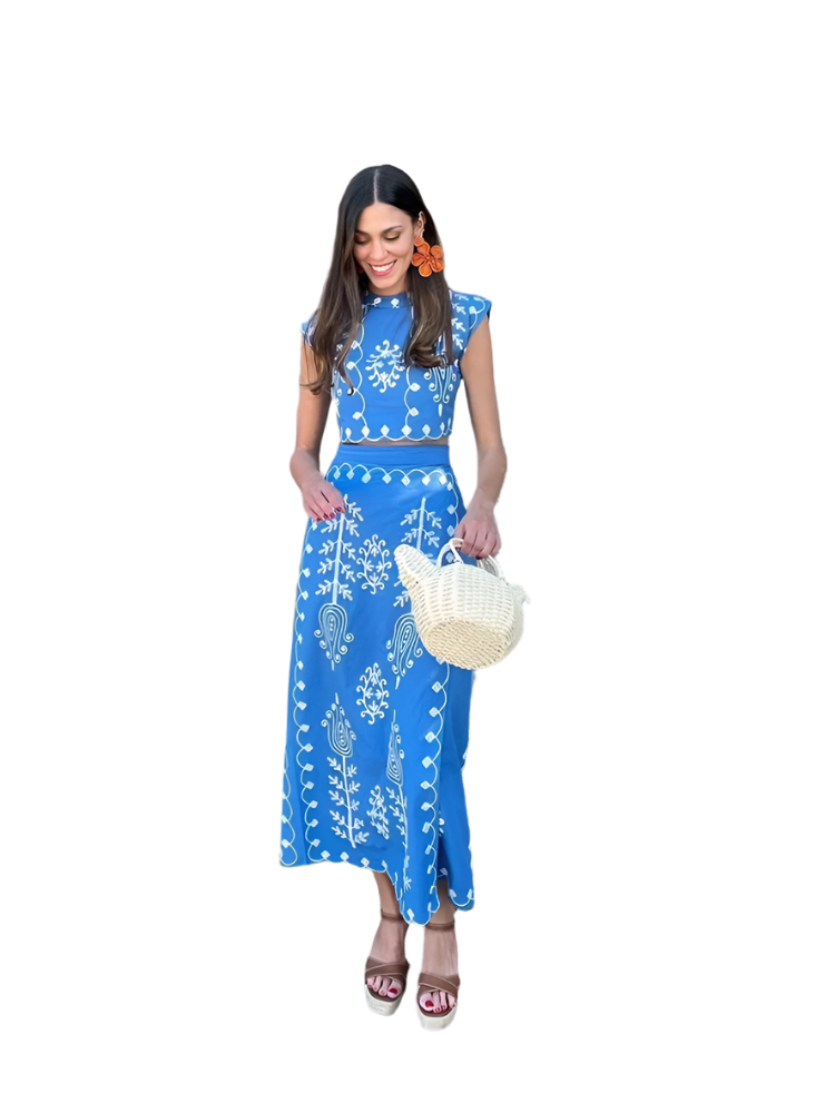 Outfit Conjunto bohemio vintage de 2 piezas con top corto bordado con hombreras y falda con cordones y estampado floral