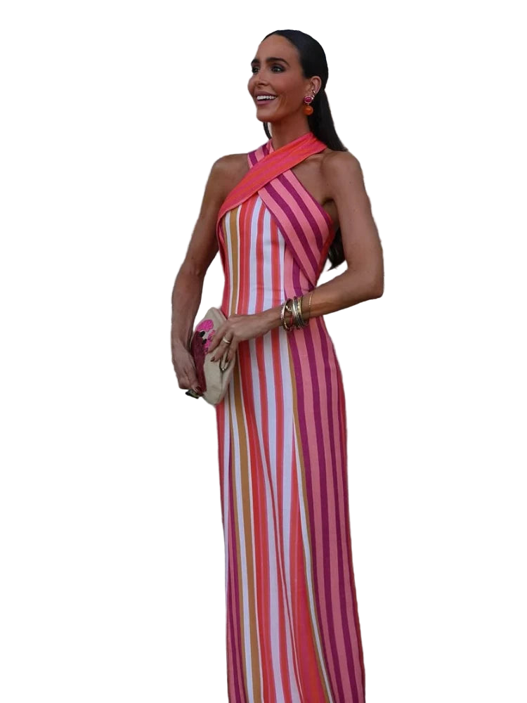 Vestido largo con estampado a rayas de escote halter sin hombros cruzado y ajustado de espalda descubierta
