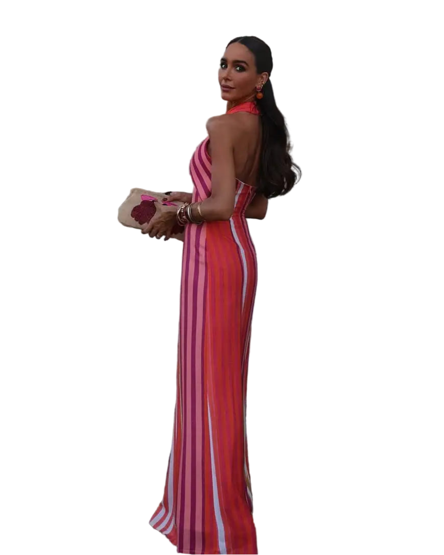 Vestido largo con estampado a rayas de escote halter sin hombros cruzado y ajustado de espalda descubierta