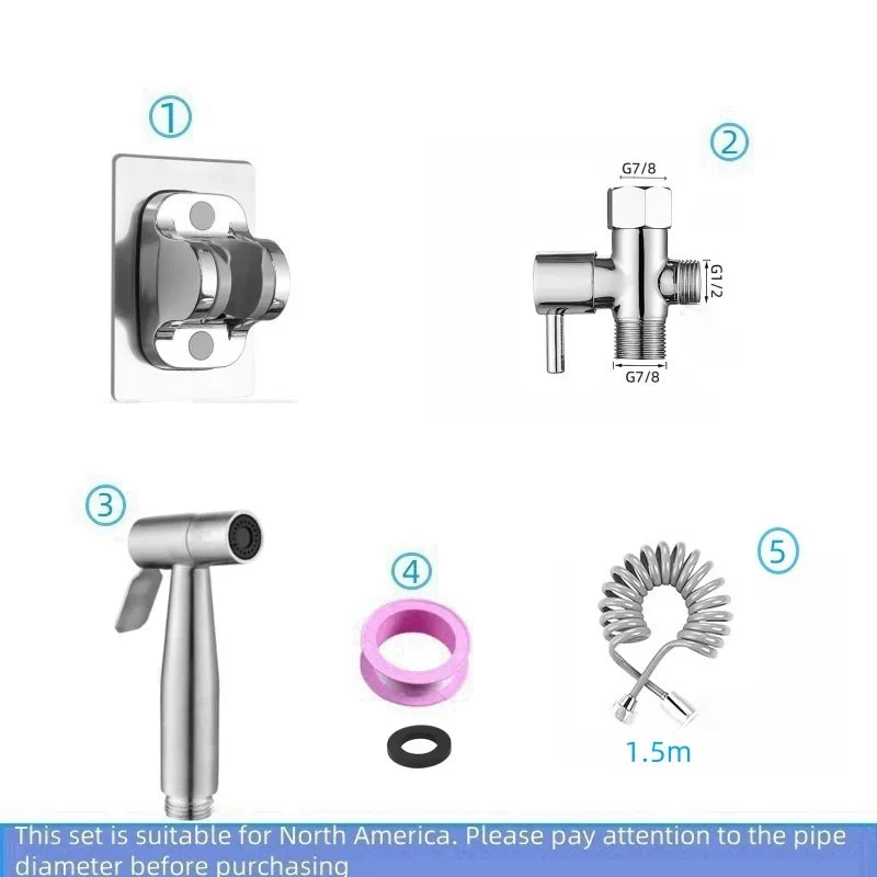Handheld bidet sprayer made of stainless steel with a 3-way valve (G1/2" – 3/8") for toilet cleaning and personal hygiene.