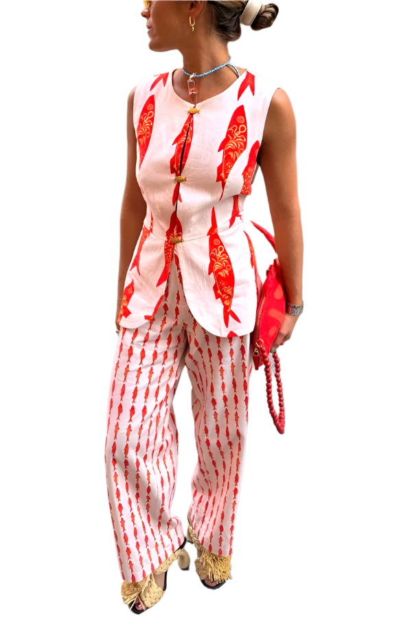 Outfit Conjunto de 2 piezas de camiseta sin mangas con estampado de pez rojo y cuello redondo con pantalón largo recto de pierna ancha