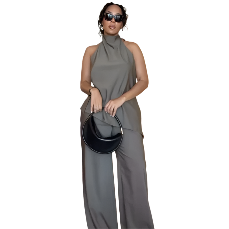 Outfit Set Satinado de Top halter asimétrico y pantalón con cordones de cintura alta