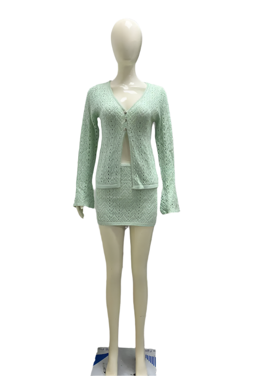 Conjunto tejido de 2 piezas para mujer de Estilo Boho Chic y Cárdigan de falda corta