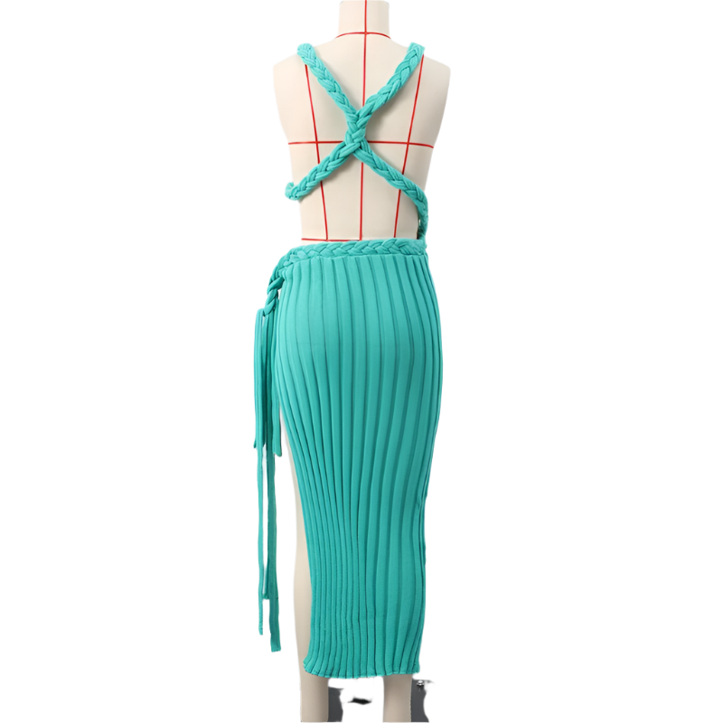 Vestido largo de playa tejido con escote en V y tirantes de cintura ajustada y abertura lateral Boho Chic