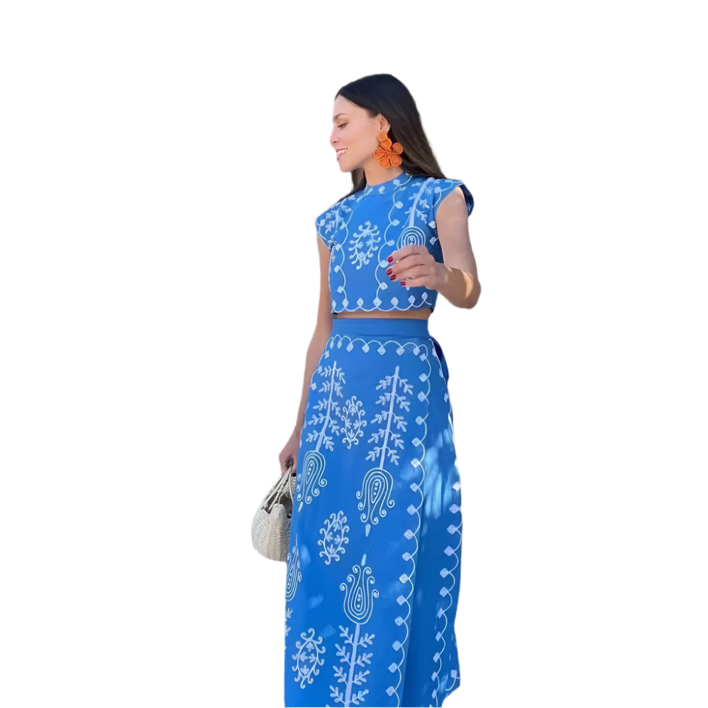 Outfit Conjunto bohemio vintage de 2 piezas con top corto bordado con hombreras y falda con cordones y estampado floral