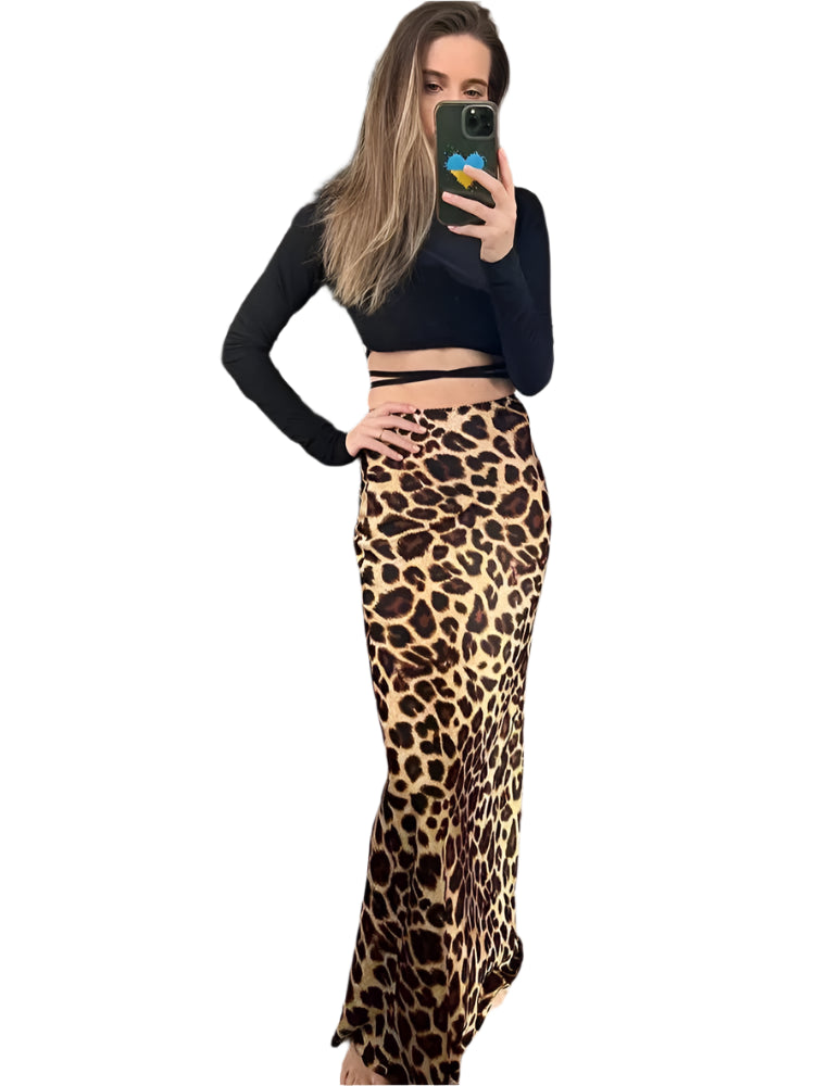 Falda Midi Vintage de Cintura Alta con Estampado de Leopardo