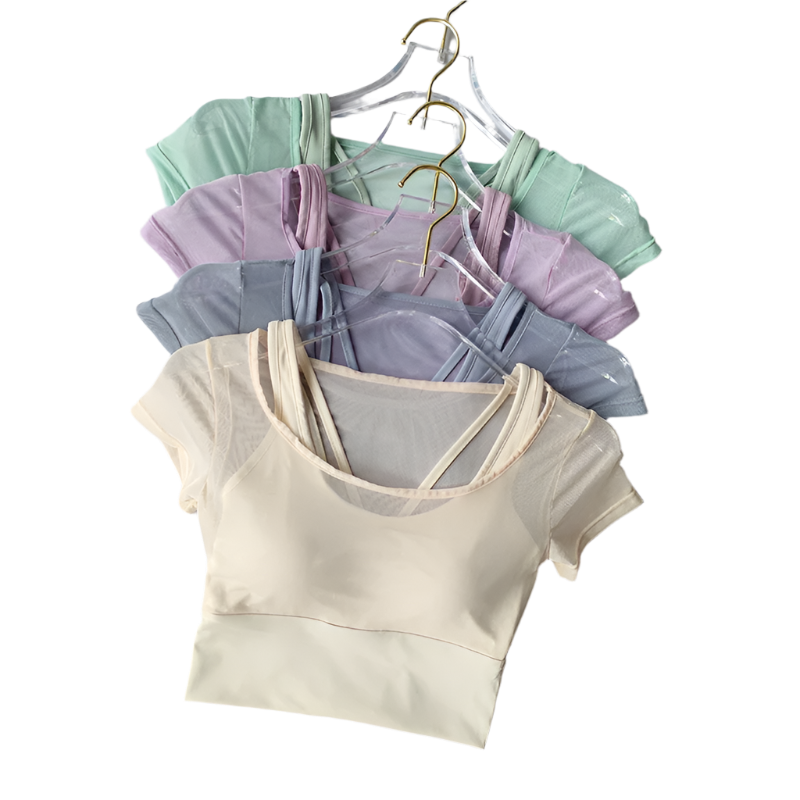 Crop Top con almohadilla en los pechos de secado rápido con manga corta y transpirable