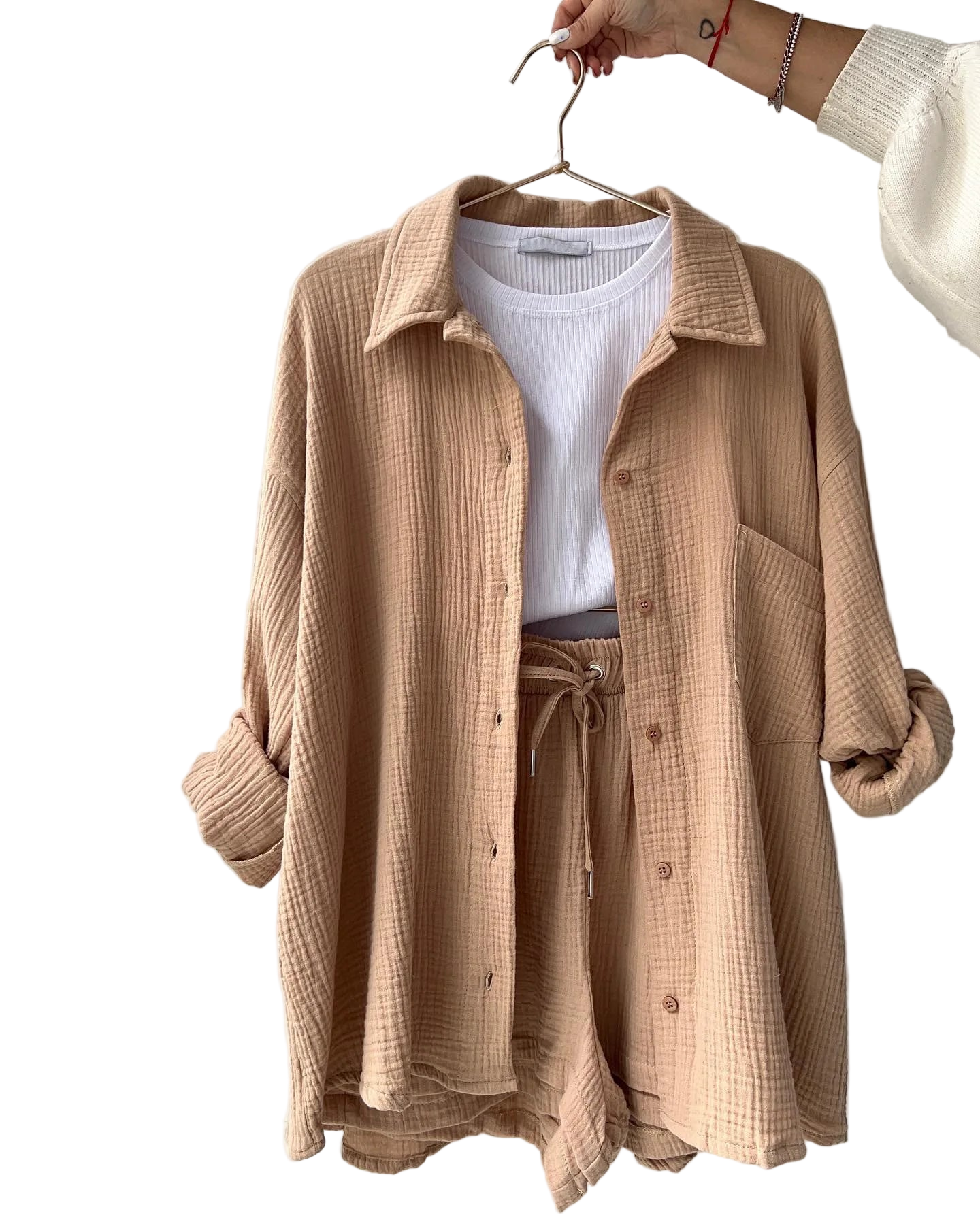 Outfit Conjunto de Camisa manga larga con solapa y short de tiro alto con cordón