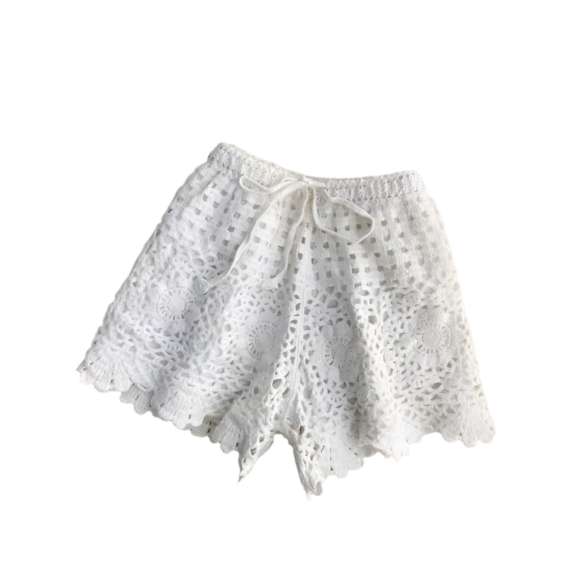 Conjunto de 2 piezas para mujer, top tejido tipo sujetador con tirantes y short de pierna ancha de estilo boho chic calado