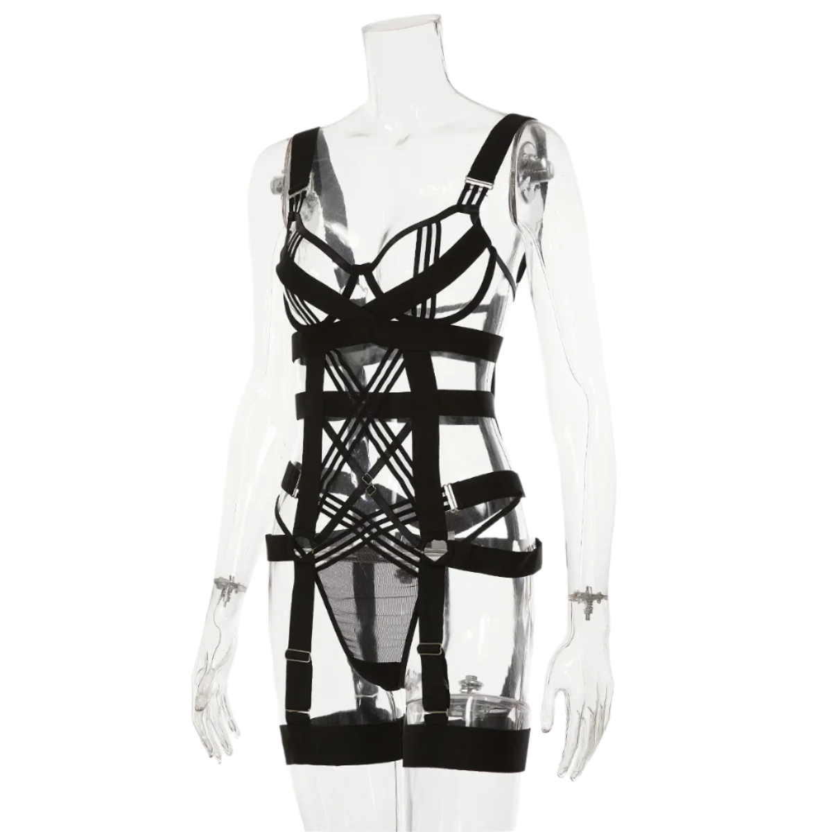 Conjunto Set de Lencería Coqueta 2 piezas con diseño de tiras de estilo jumpsuit ajustado en elástico