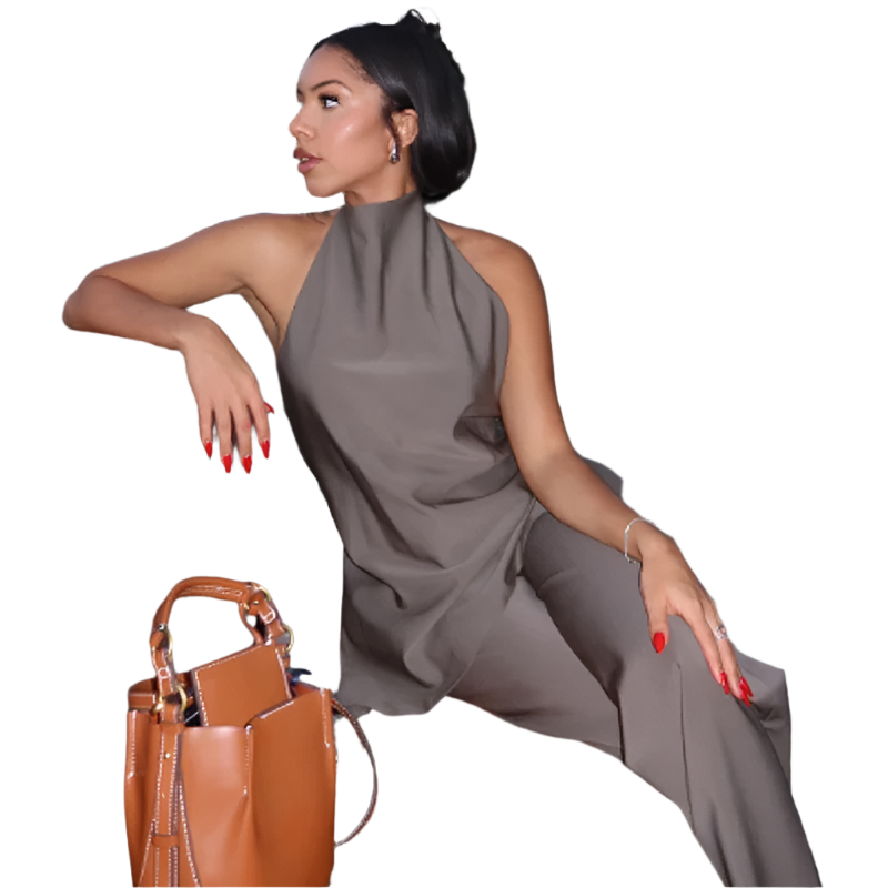 Outfit Set Satinado de Top halter asimétrico y pantalón con cordones de cintura alta