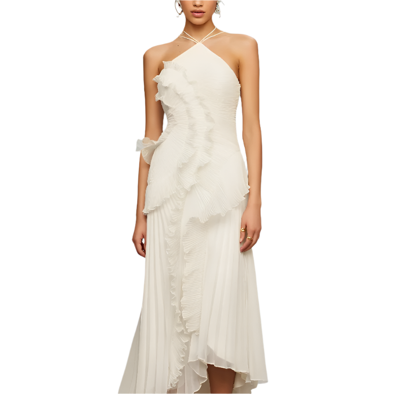 Vestido Largo Plisado para Mujer con Escote Halter Color Púrpura Tipo Maxi