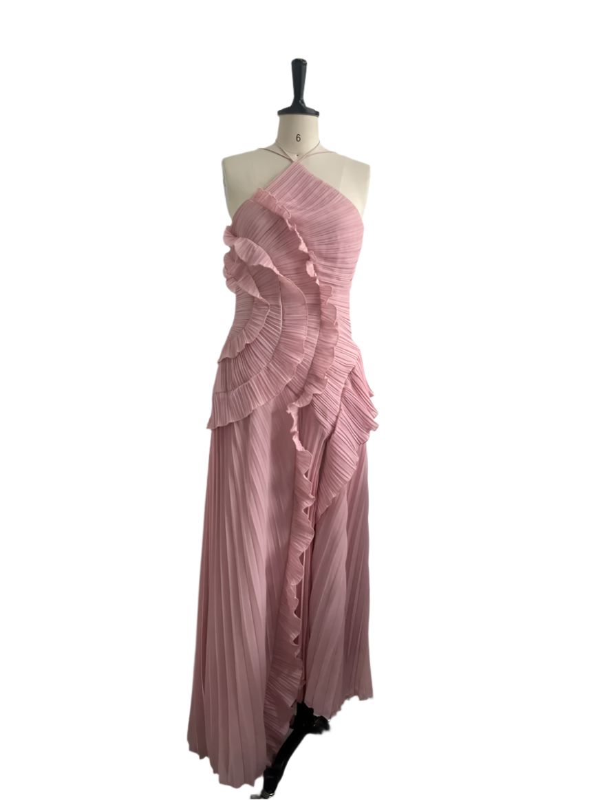 Vestido Largo Plisado para Mujer con Escote Halter Color Púrpura Tipo Maxi