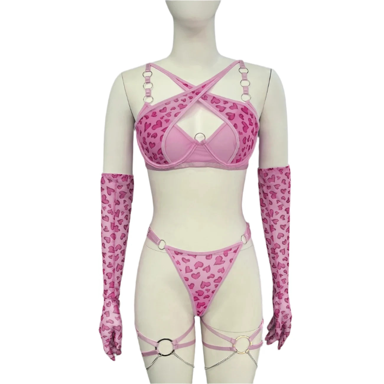 Leopard Print Push Up Bra Lingerie Set, Sheer Lace Trim, Includes Gloves and Stockings