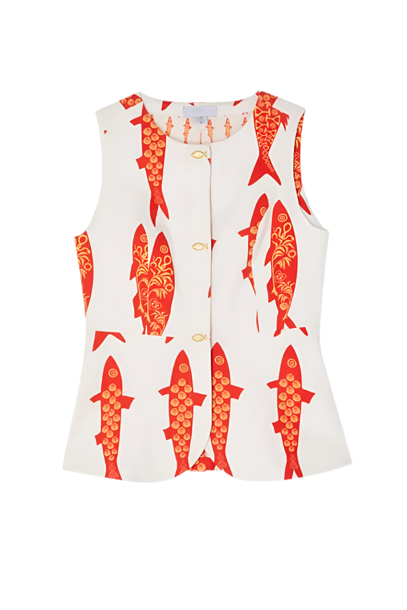Outfit Conjunto de 2 piezas de camiseta sin mangas con estampado de pez rojo y cuello redondo con pantalón largo recto de pierna ancha