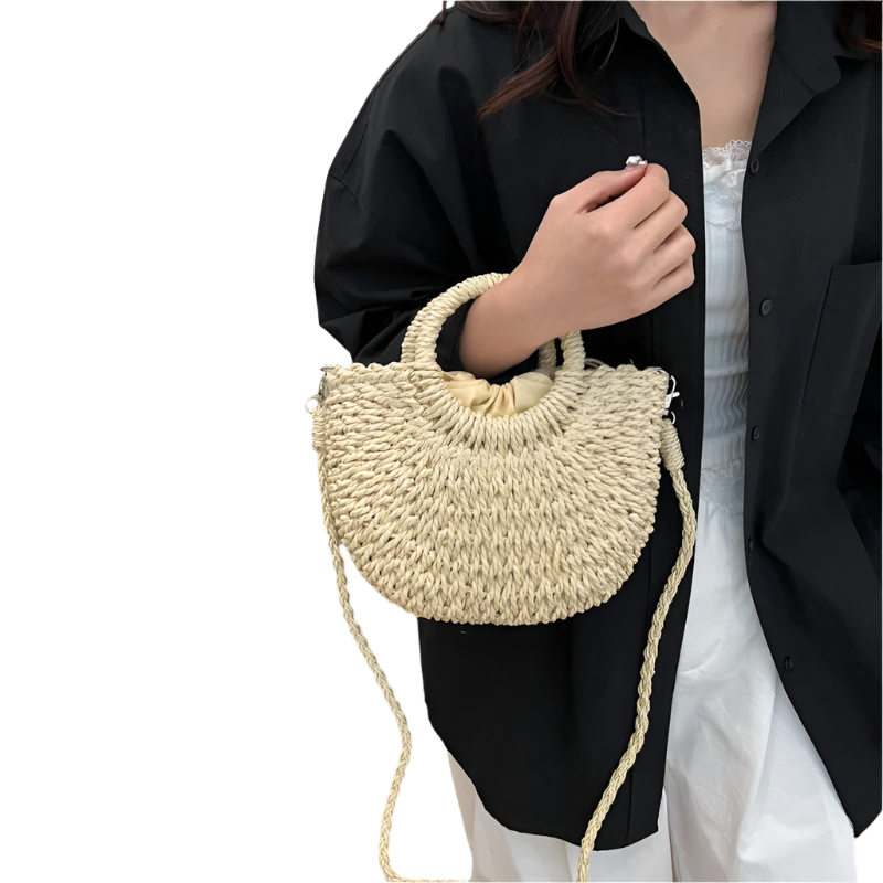 Bolso de Playa de Rattán Hecho a Mano con Diseño Hueco de Estilo Bodycross y de Hombro