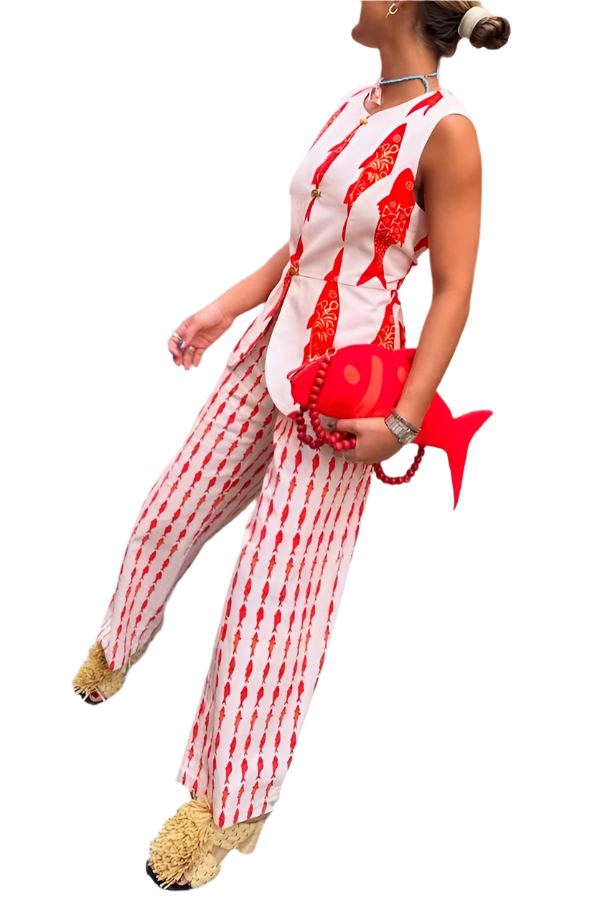 Outfit Conjunto de 2 piezas de camiseta sin mangas con estampado de pez rojo y cuello redondo con pantalón largo recto de pierna ancha