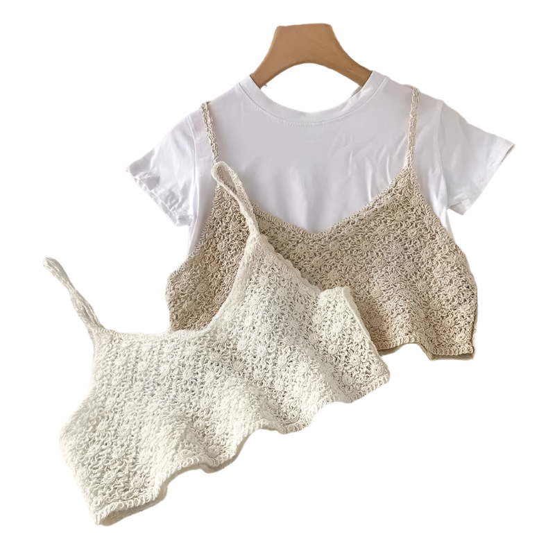 Conjunto de 2 piezas para mujer, top tejido tipo sujetador con tirantes y short de pierna ancha de estilo boho chic calado