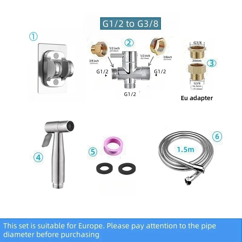Handheld bidet sprayer made of stainless steel with a 3-way valve (G1/2" – 3/8") for toilet cleaning and personal hygiene.