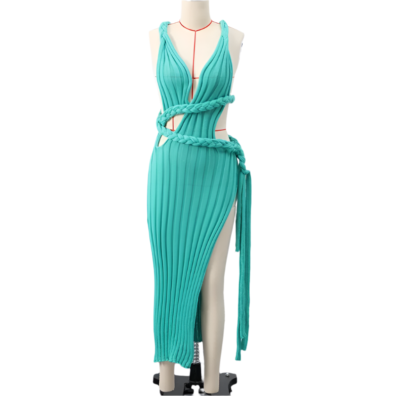 Vestido largo de playa tejido con escote en V y tirantes de cintura ajustada y abertura lateral Boho Chic