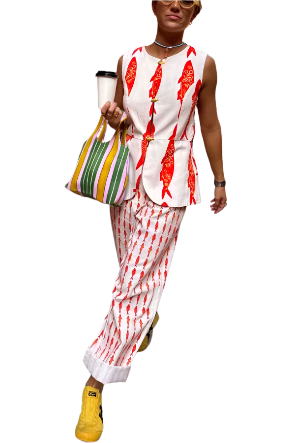 Outfit Conjunto de 2 piezas de camiseta sin mangas con estampado de pez rojo y cuello redondo con pantalón largo recto de pierna ancha