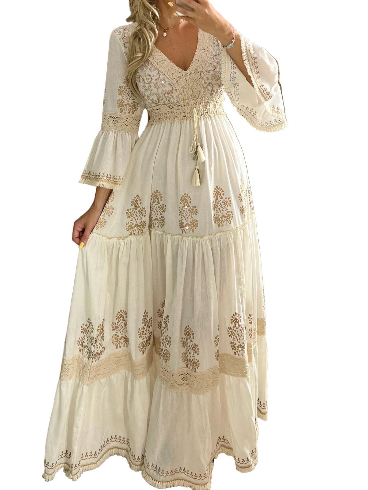 Vestido largo bohemio boho chic con encaje de diseño calado suelto
