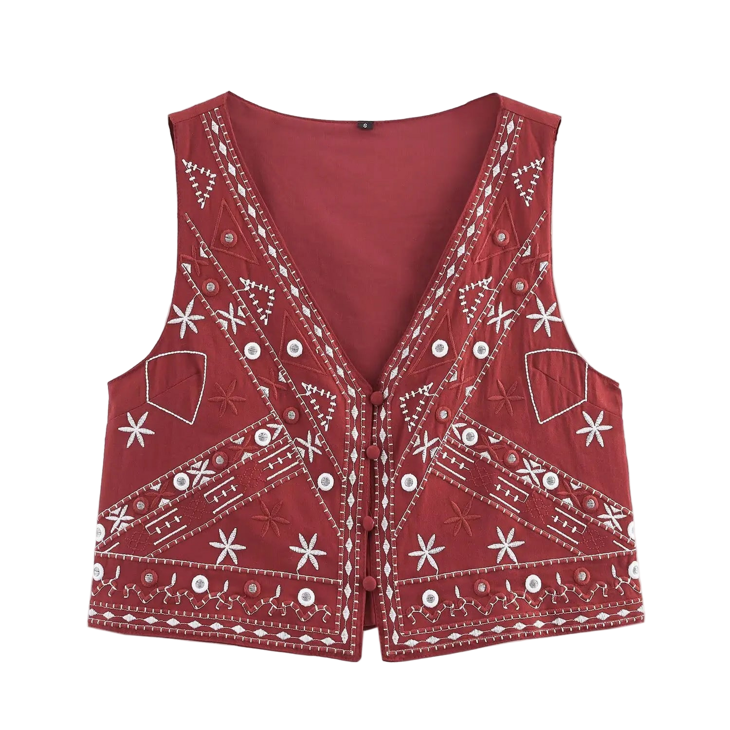 Outfit Conjunto Boho Chic de Chaleco Sin Mangas Rojo Bordado y Shorts Pierna Ancha