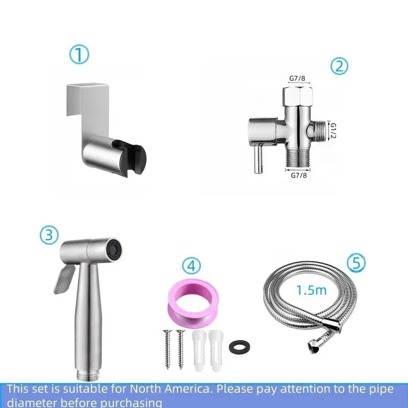 Handheld bidet sprayer made of stainless steel with a 3-way valve (G1/2" – 3/8") for toilet cleaning and personal hygiene.