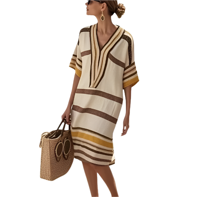 Vestido estampado de rayas con escote en V de Poliéster y Cintura relajada
