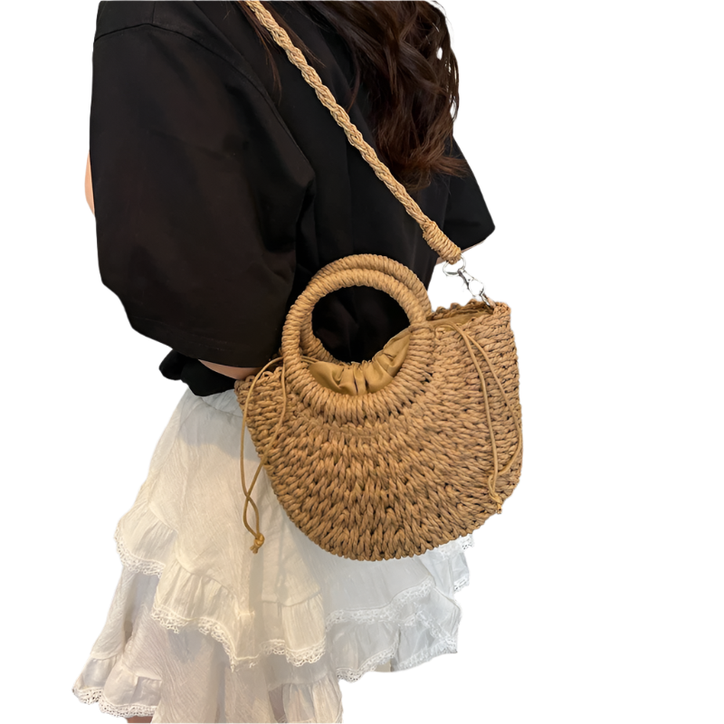 Bolso de Playa de Rattán Hecho a Mano con Diseño Hueco de Estilo Bodycross y de Hombro