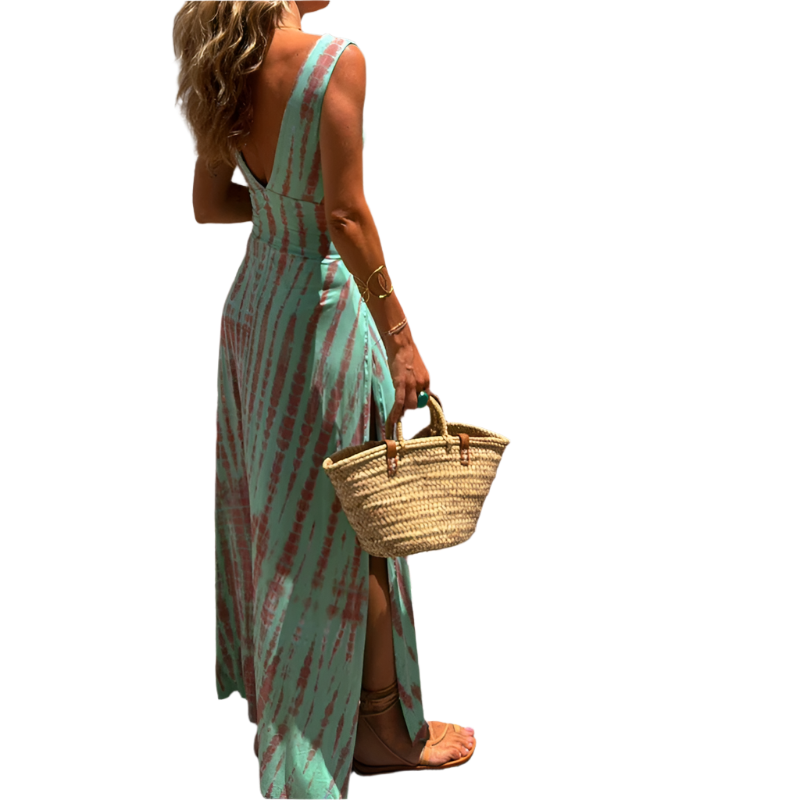 Vestido de verano con escote en V y estampado de corte entallado y abertura lateral de estilo casual