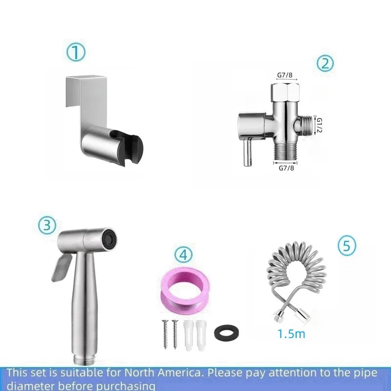 Handheld bidet sprayer made of stainless steel with a 3-way valve (G1/2" – 3/8") for toilet cleaning and personal hygiene.